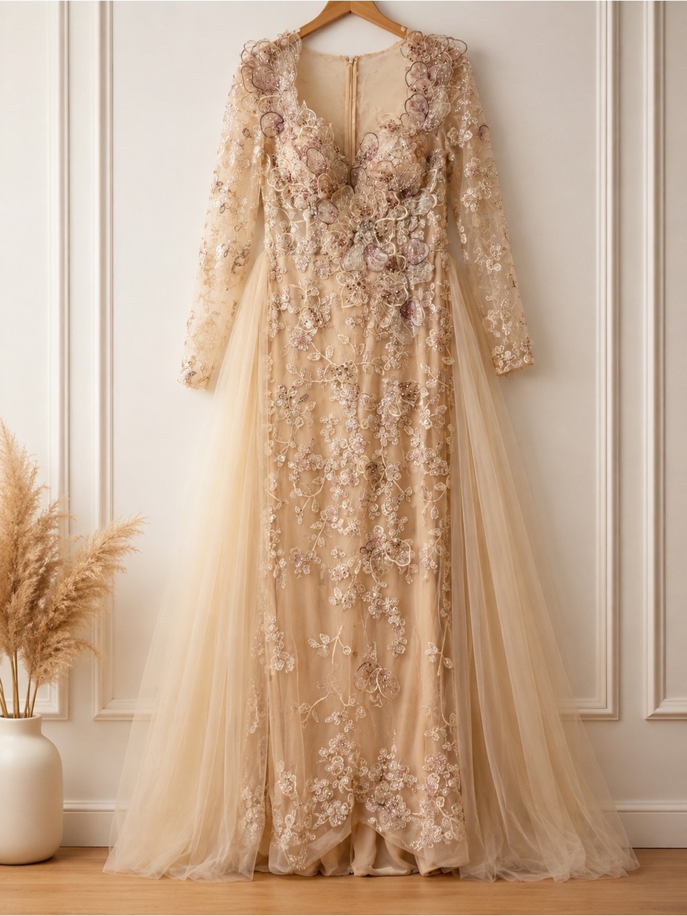NEW Size 12 Luxury Beaded 3D Floral Formal Gown w/ Tulle Train Champagne NWOT